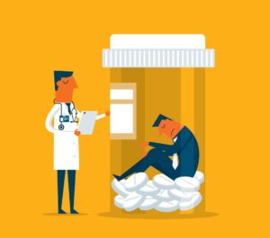 healthcare provider examining man stuck in pill bottle